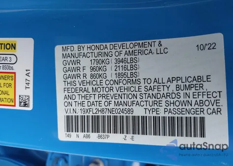 2022 Honda Civic Sport from USA, damaged, VIN 19XFL2H87NE024589